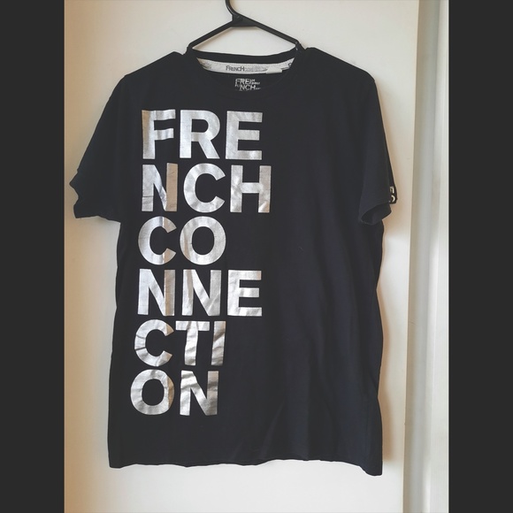 2 for $30 /FRENCH CONNECTION BLACK T-SHIRT WITH FOIL PRINT - Picture 1 of 6